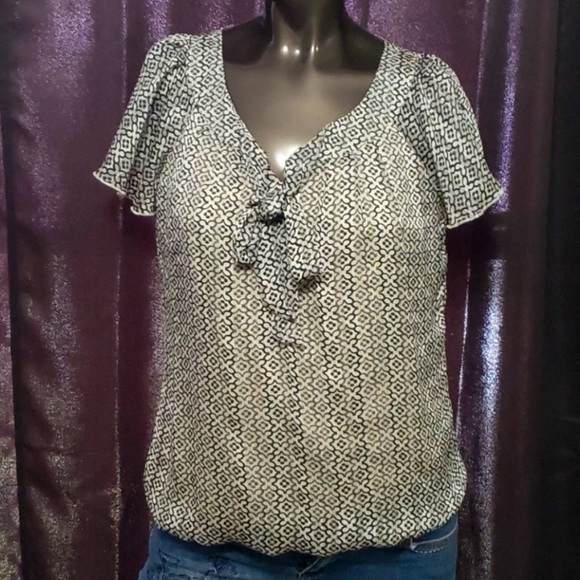 Sara Michelle Black & Cream Ruffle Sleeve Casual Workwear Blouse Top, Size L - Picture 1 of 13